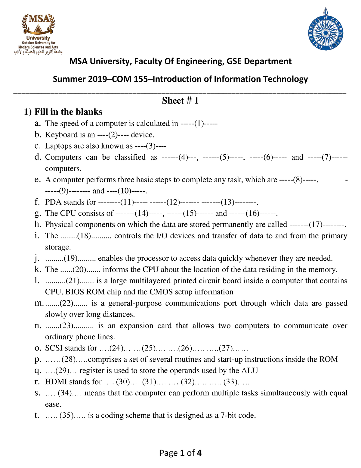 IT - Sheet 1 - Summer 2019–COM 155–Introduction Of Information ...