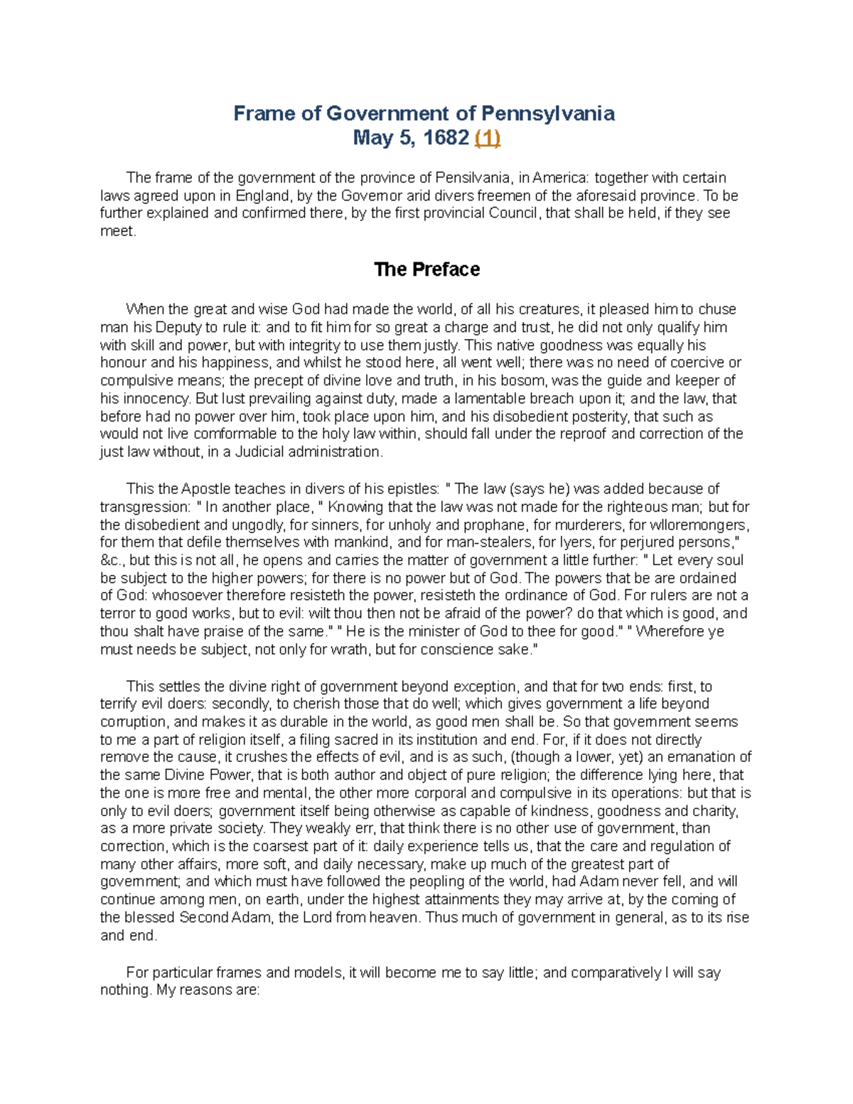 Frame of Government of Pennsylvania To be further explained and