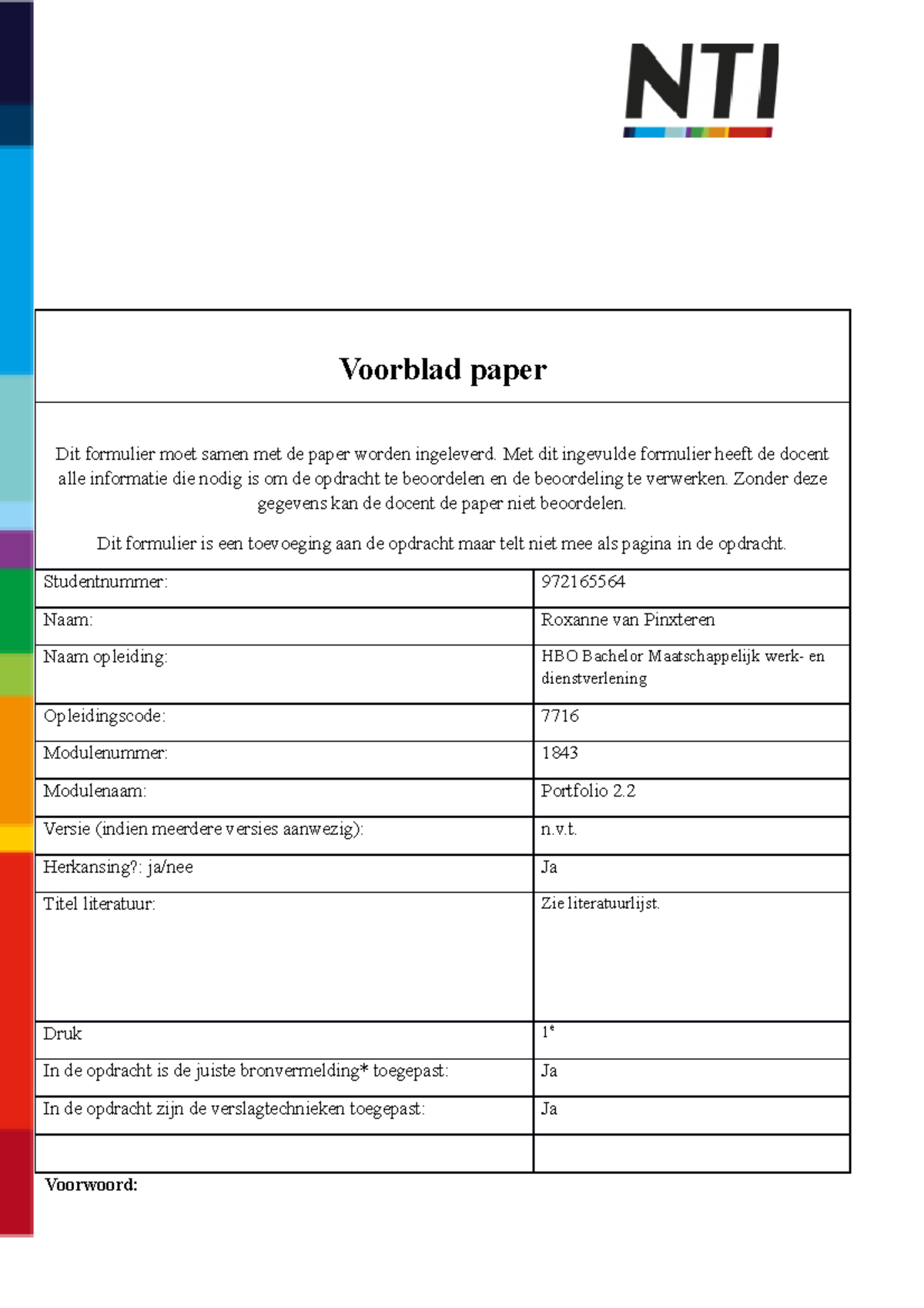 Paper multi jaar 2[2861] - Voorwoord: Voorblad paper Dit formulier moet