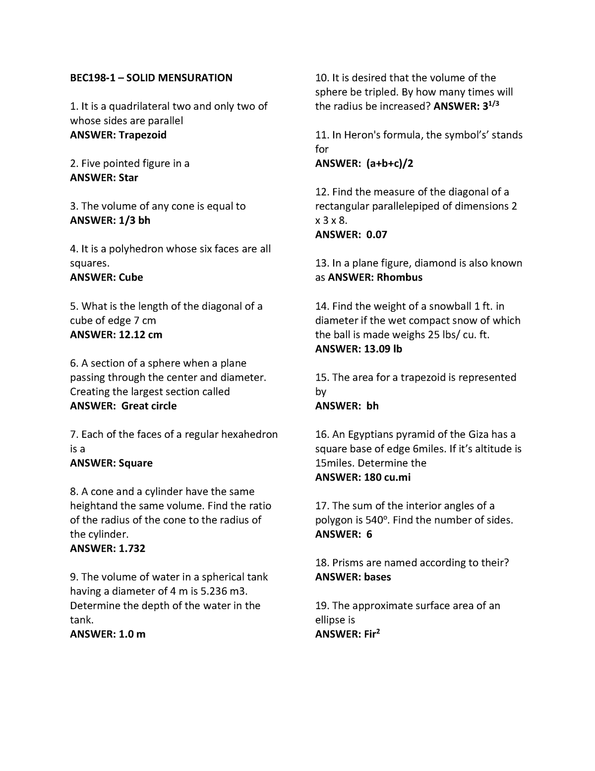 BEC198 Solid Mensuration - BEC198-1 – SOLID MENSURATION It Is A ...