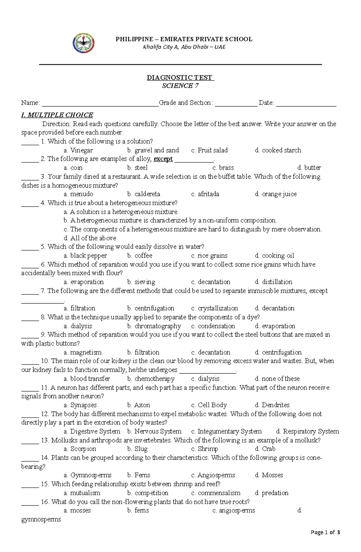 Science 7 diagnostic exam DIAGNOSTIC TEST SCIENCE 7 Name