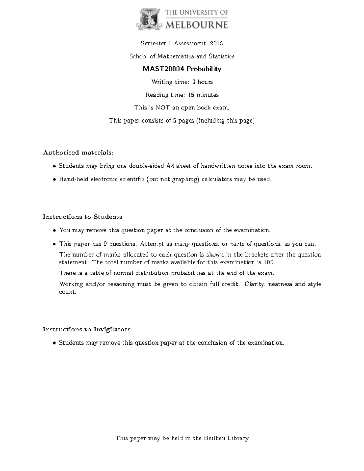 Exam 1 2015, questions and answers - ! Semester 1 Assessment, 2015 ...