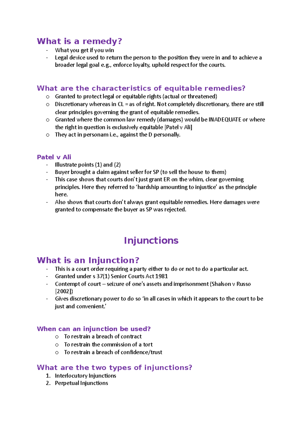 Equitable Remedies Exam Notes What is a remedy? What you get if you