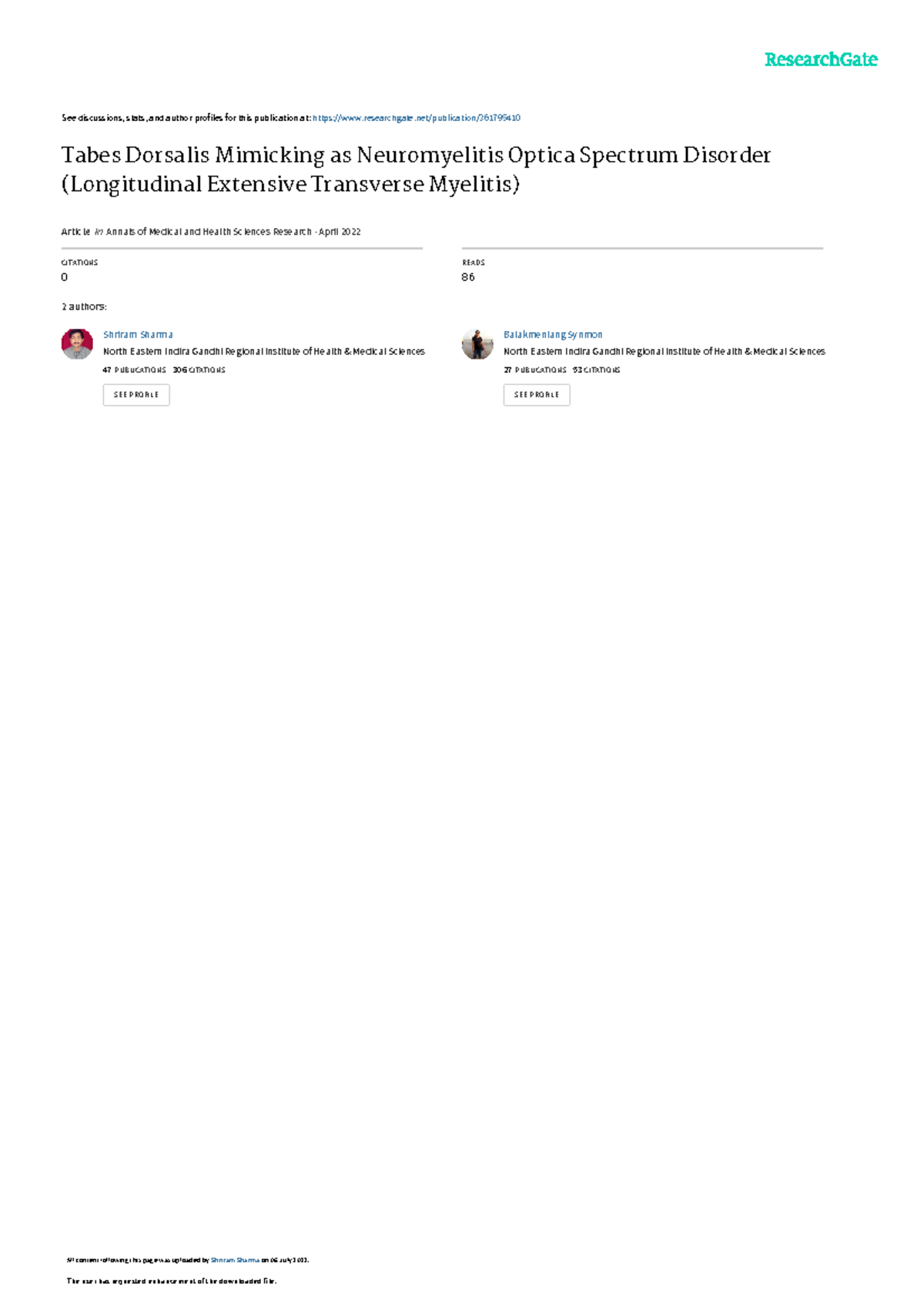 Tabes dorsalis mimicking as neuromyelitis opticaspectrum disorder