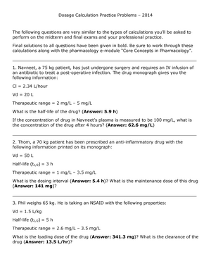 Tutorial Work Dosage Calculation Practice Problems Studocu