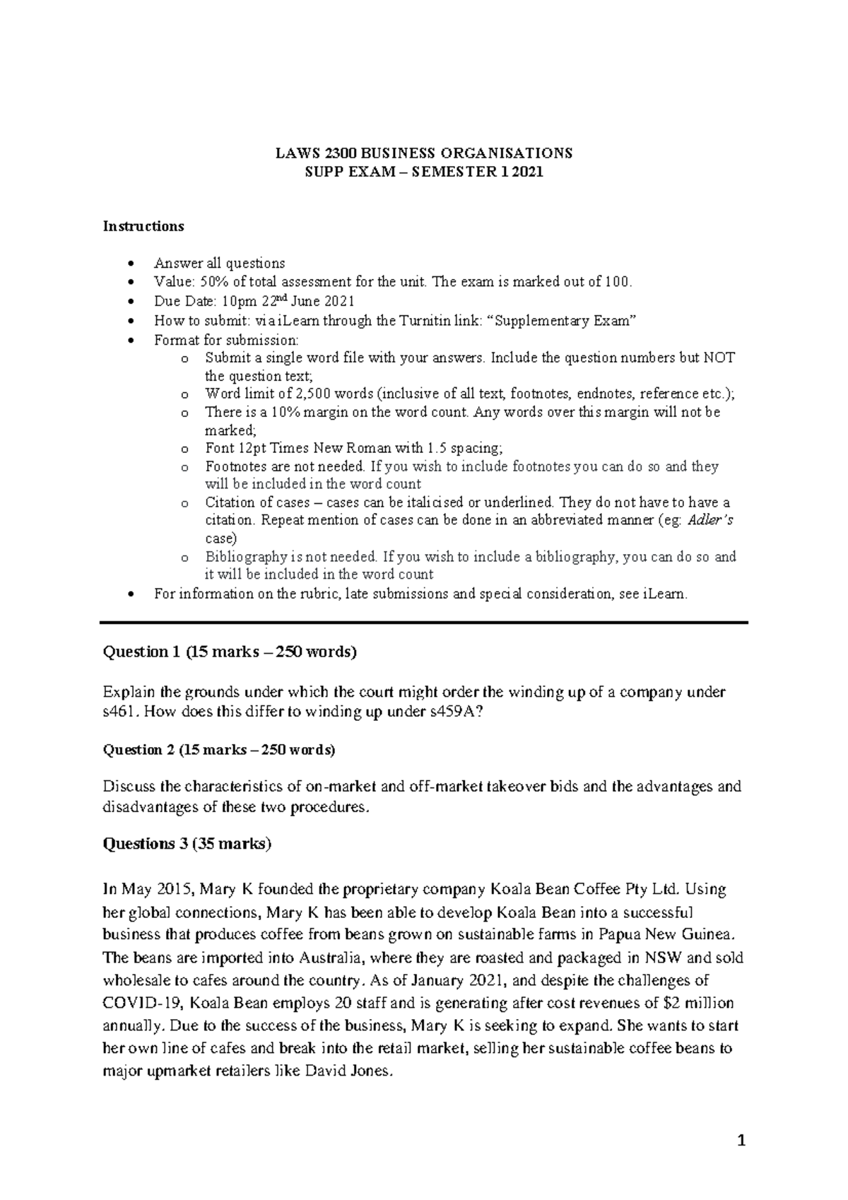 EXAM LAWS2300 Supp 2021 - LAWS 2300 BUSINESS ORGANISATIONS SUPP EXAM ...