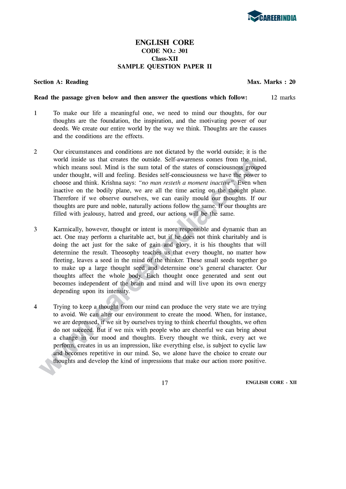 CBSE Class 12 English Core Sample Question Paper-2 - careerindia ...