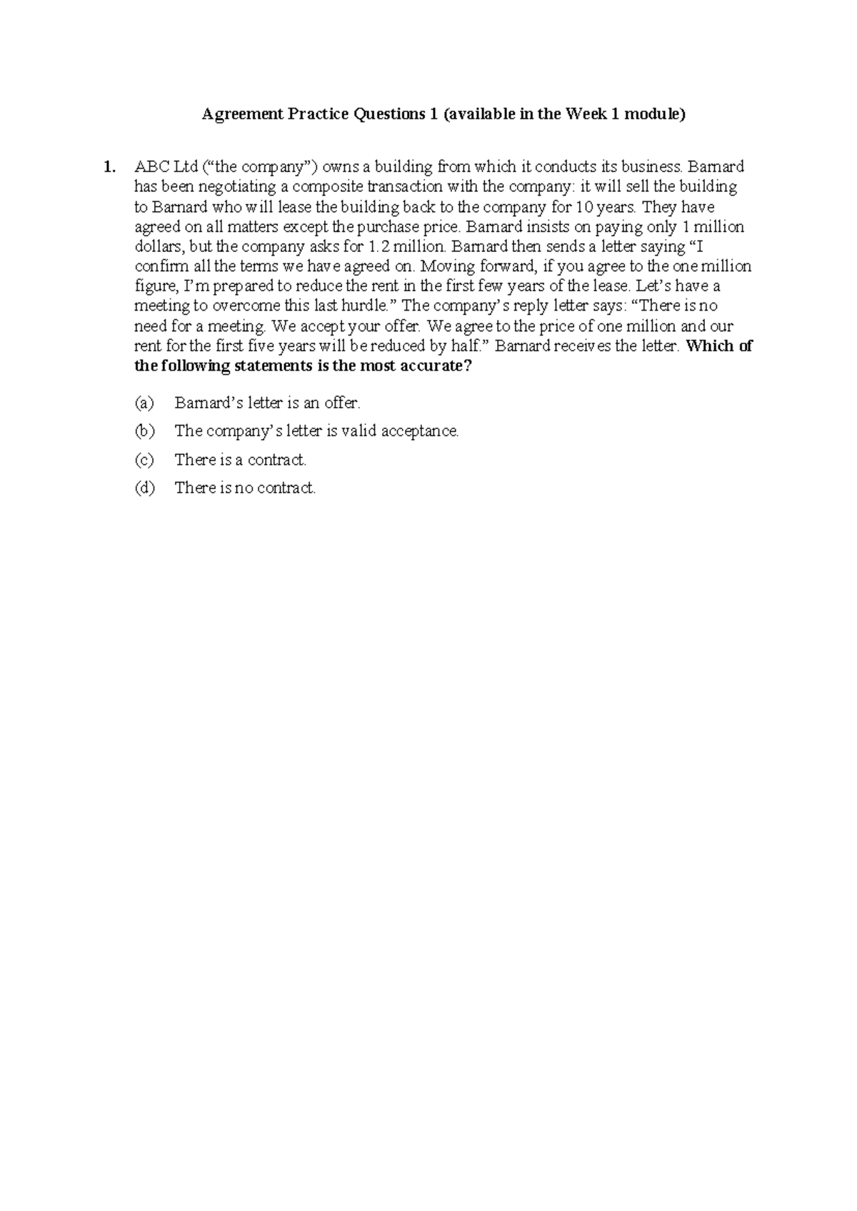 Agreement Practice Question 1 - Barnard has been negotiating a ...