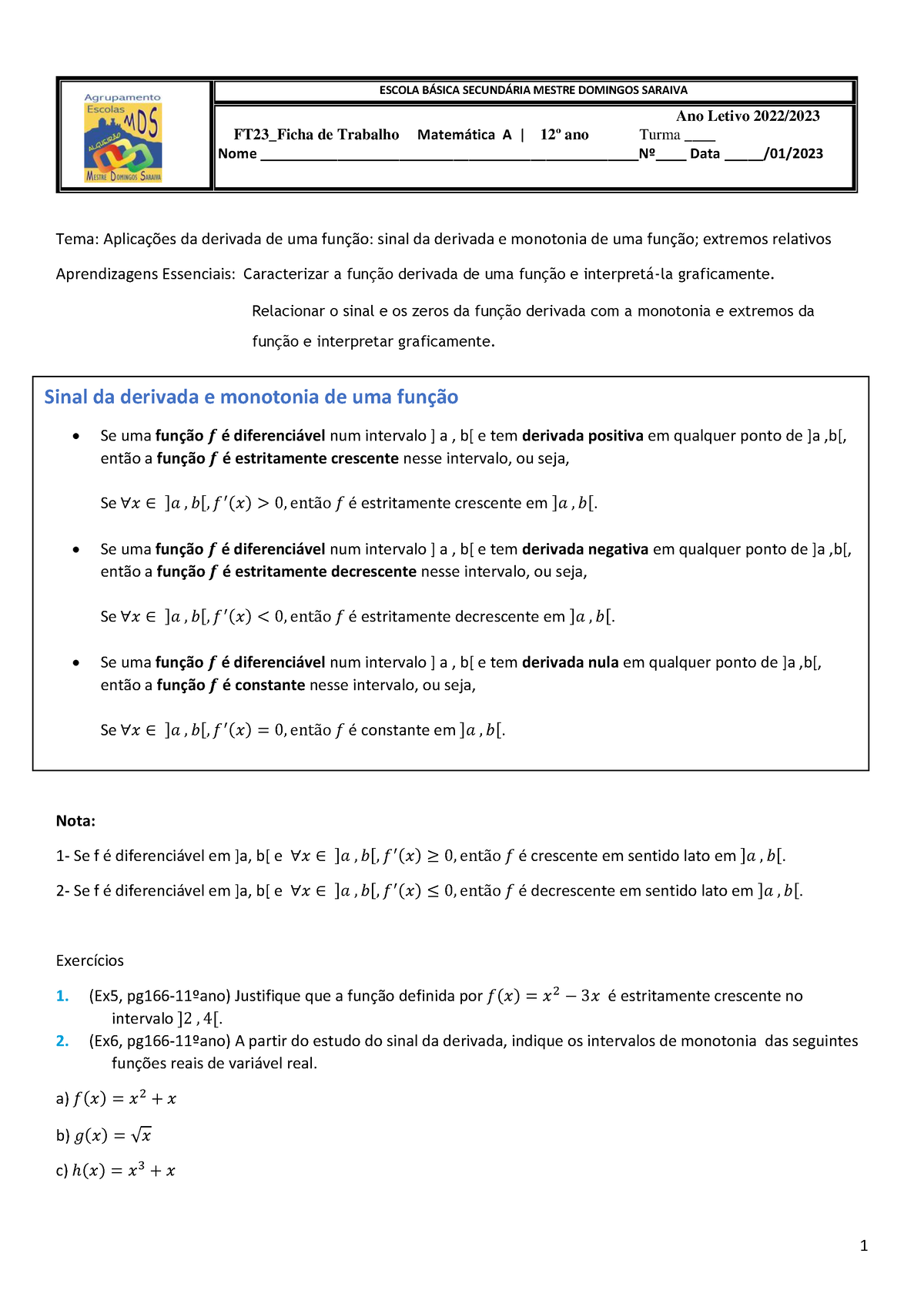 FT23 Ficha De Trabalho-Derivada Monotonia E Extremos - Tema: Aplicações ...