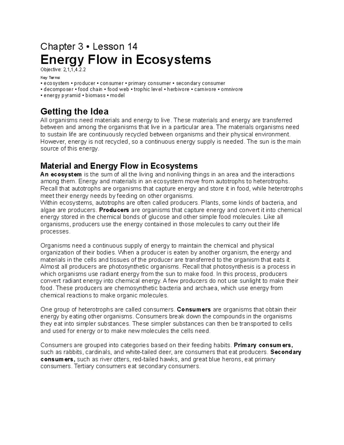 Chapter 3 Ecosystems Lesson 14 Chapter 3 • Lesson 14 Energy Flow In Ecosystems Objective 2 1