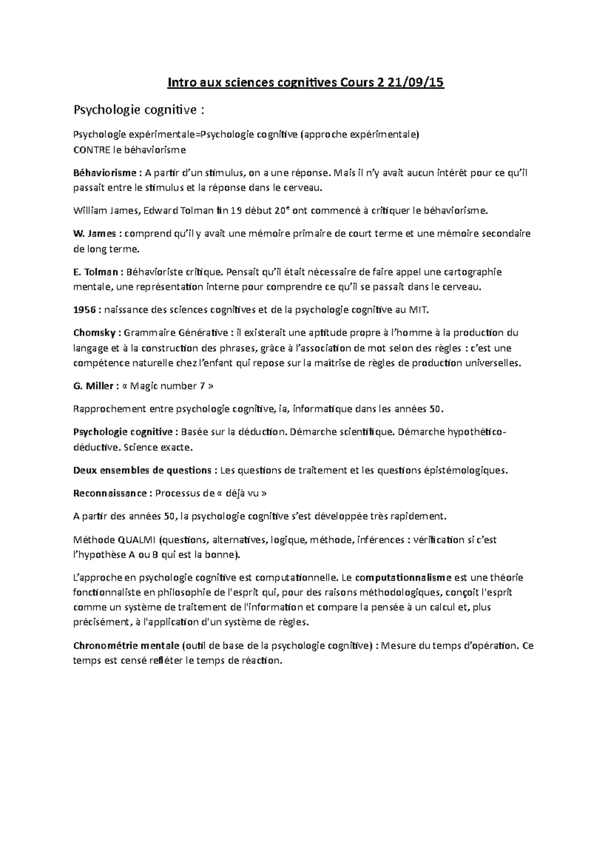 2 - Psychologie cognitive - Intro aux sciences cognitives Cours 2 21/09 ...