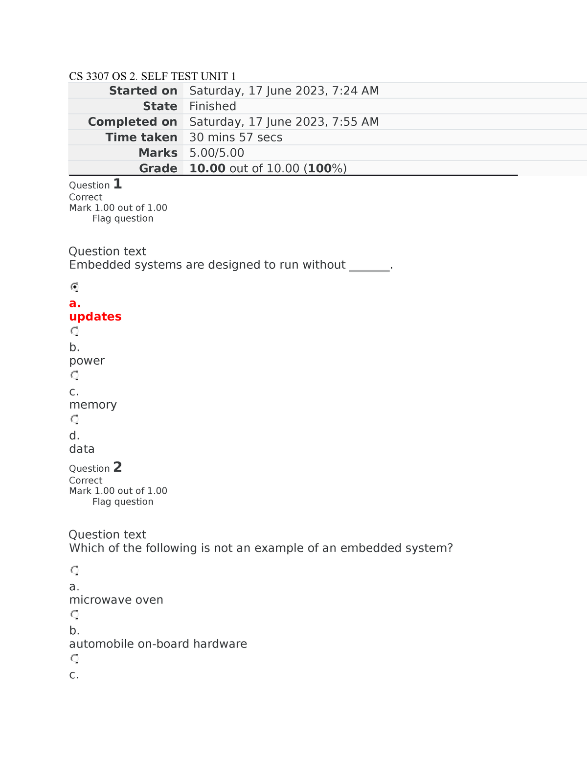 CS 3307 SELF TEST UNIT 1 - Self Quiz - CS 3307 OS 2. SELF TEST UNIT 1 ...