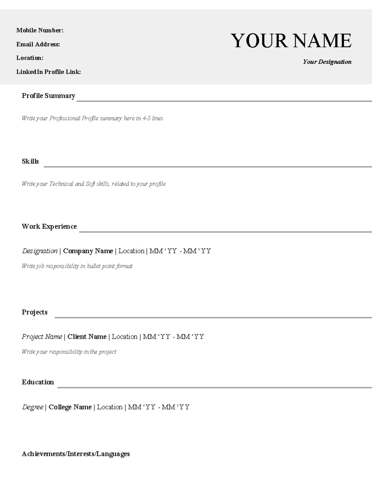 Best Resume Template - Mobile Number: Email Address: Location: LinkedIn ...