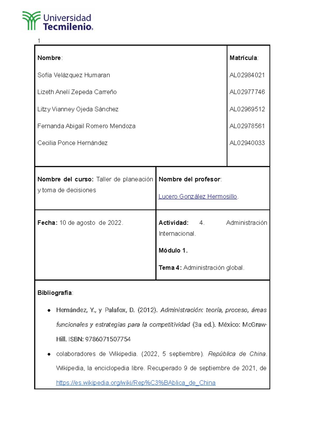 Actividad 4 Taller de planeación y toma de decisiones - 1 Nombre ...