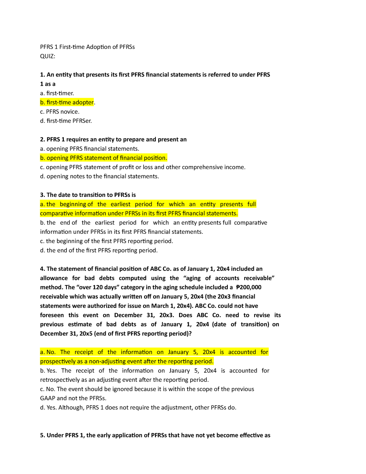 PFRS-1-9 - Accounting 1 - PFRS 1 First-time Adoption Of PFRSs QUIZ: An ...