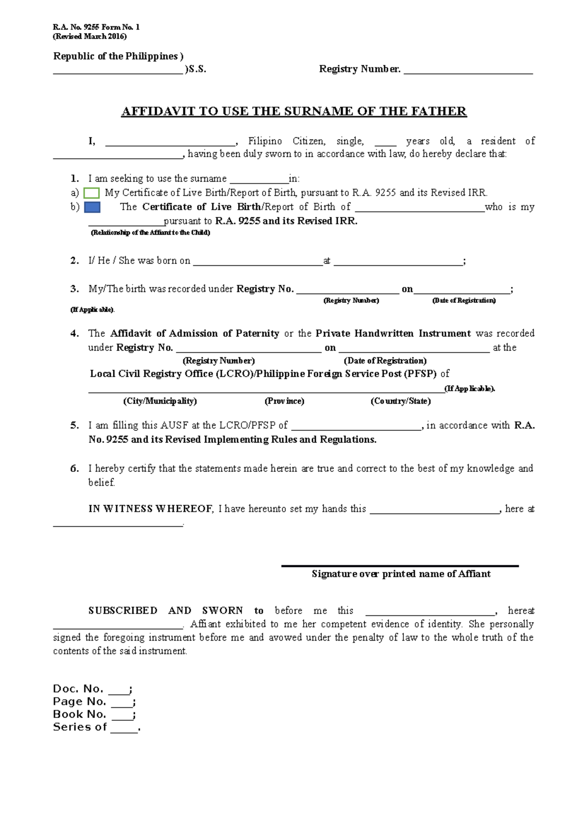 Affidavit to Use the Surname of the Father - R. No. 9255 Form No. 1 ...