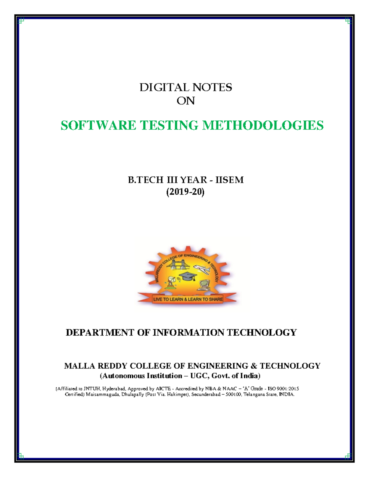 IT B.TECH III YEAR II SEM STM (R17A0520) Notes - DIGITAL NOTES ON ...