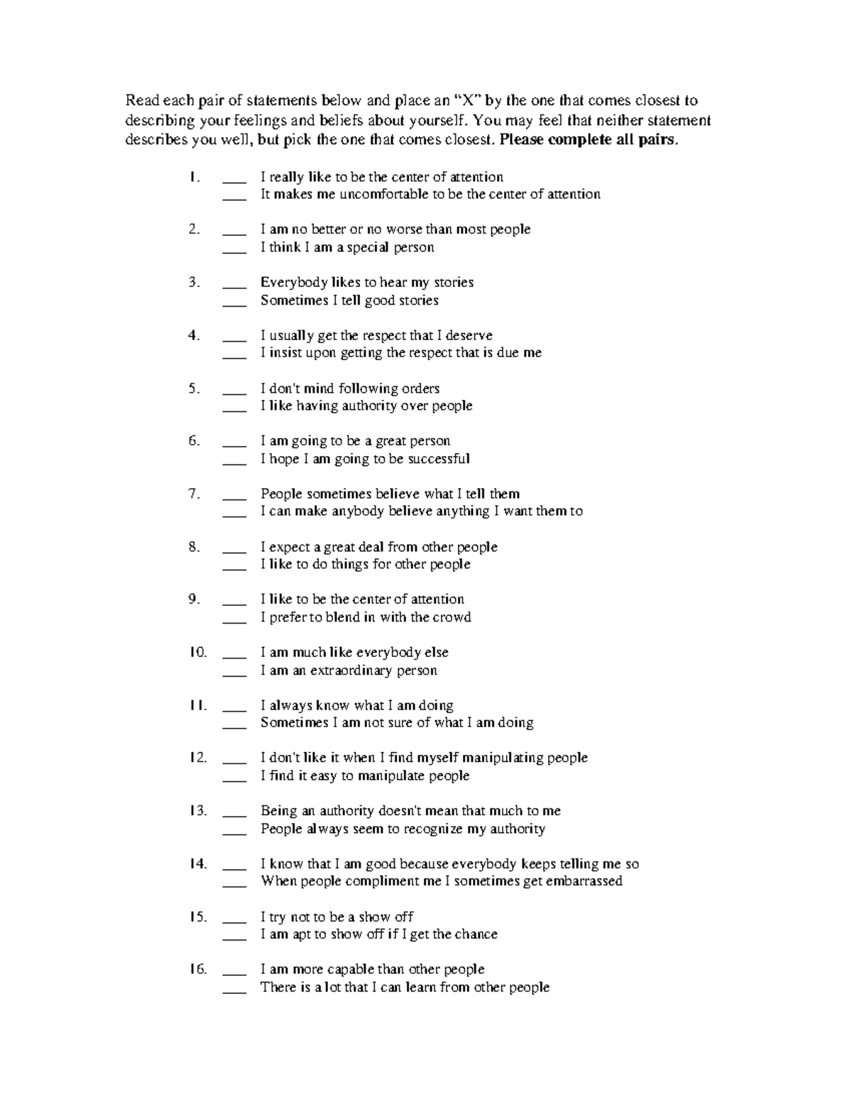 Narcissistic personality inventory - Read each pair of statements below ...