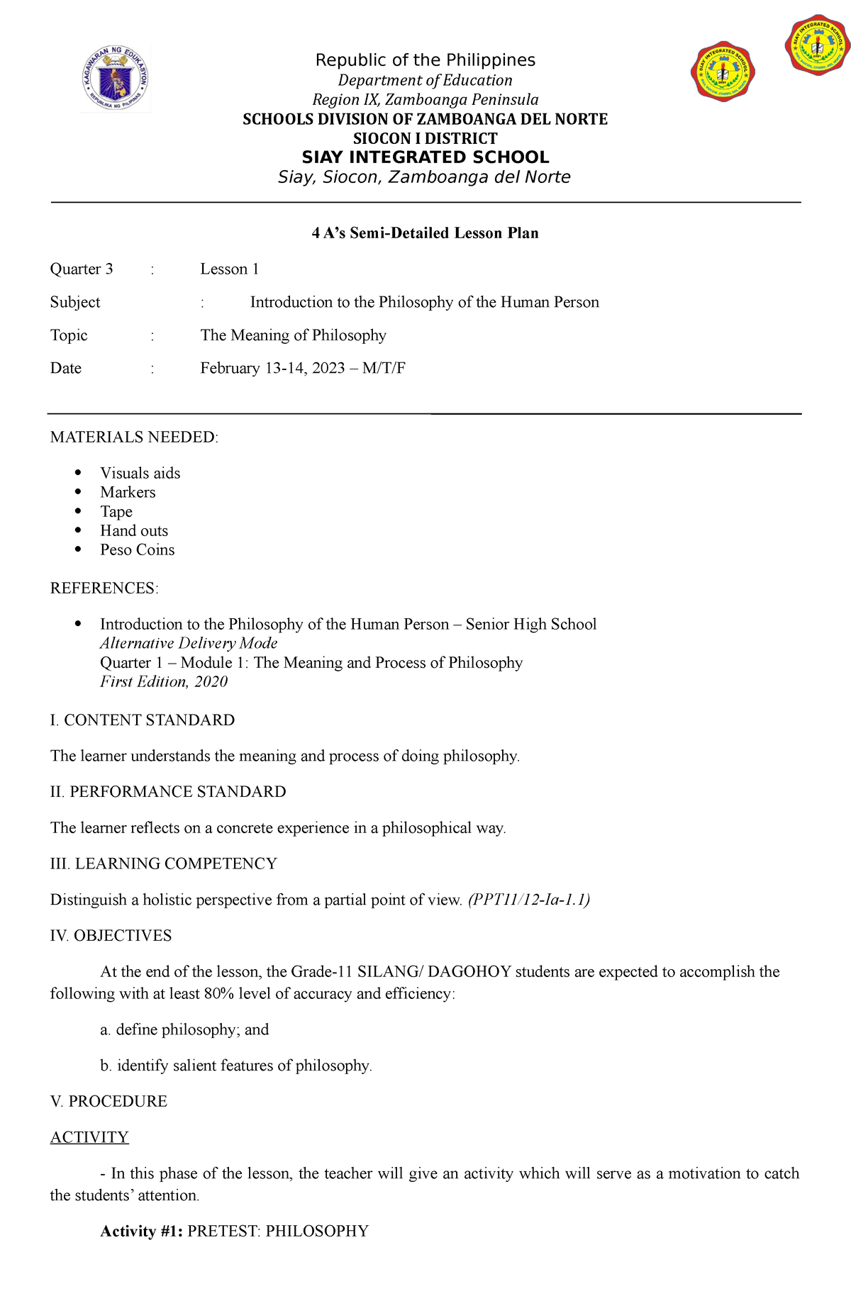 LP 1-PHP - Lesson Plans. - Republic Of The Philippines Department Of ...