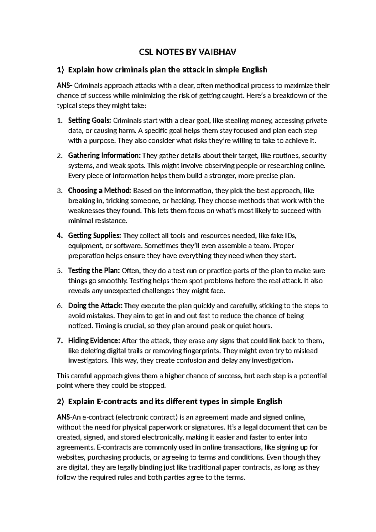 CSL Notes BY Vaibhav - CSL NOTES BY VAIBHAV 1) Explain how criminals ...
