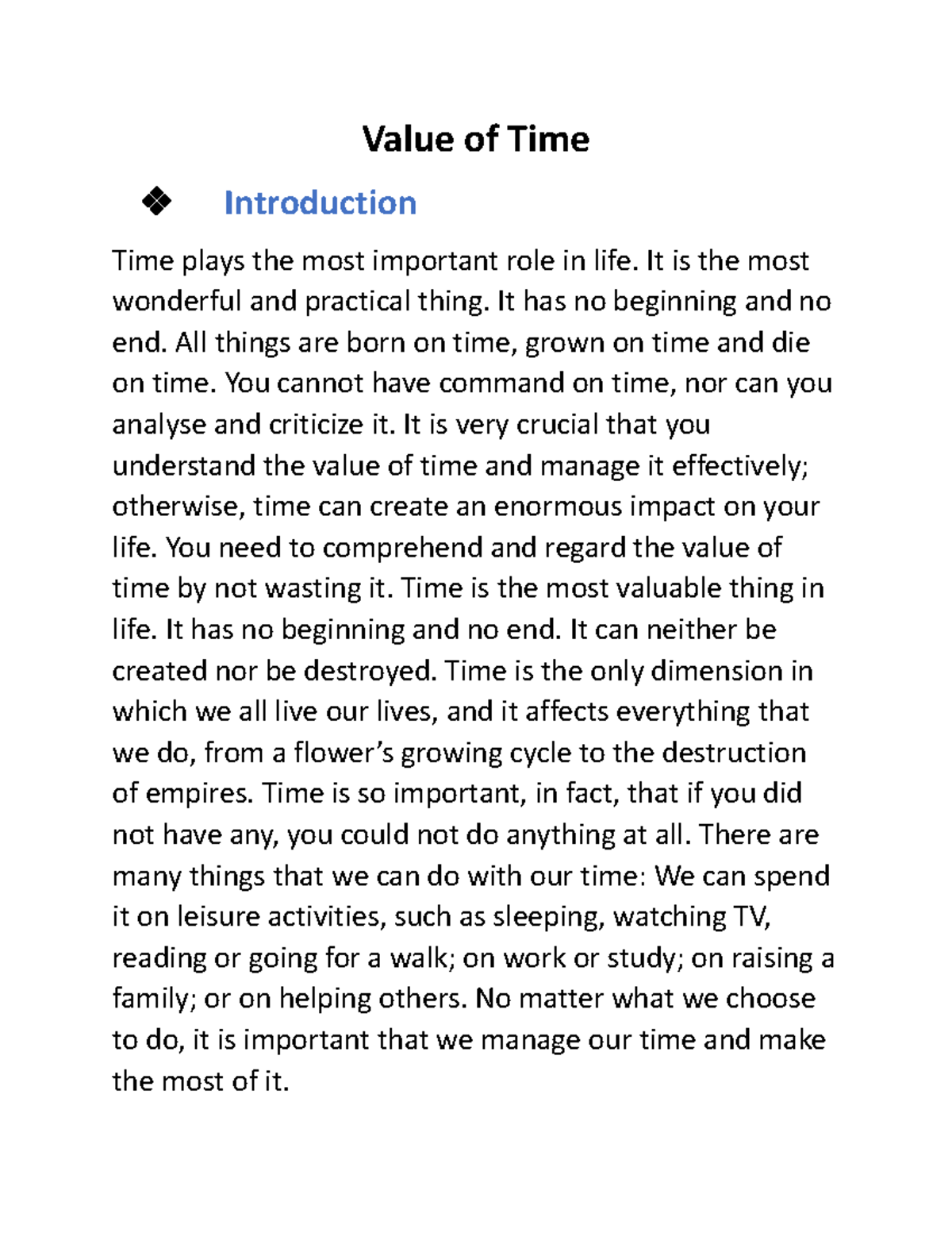 Value of time Unit1 - Value of Time Introduction Time plays the most ...