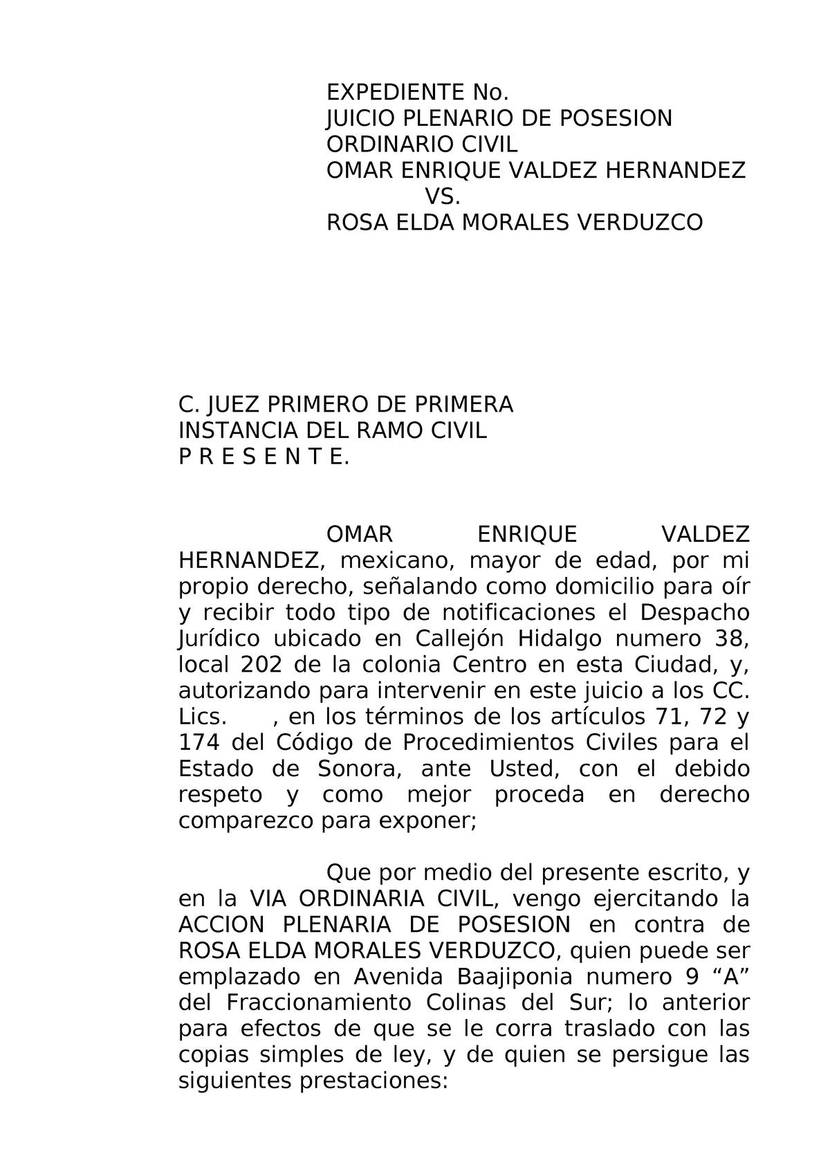 Juicio Plenario De Posesión - EXPEDIENTE No. JUICIO PLENARIO DE ...