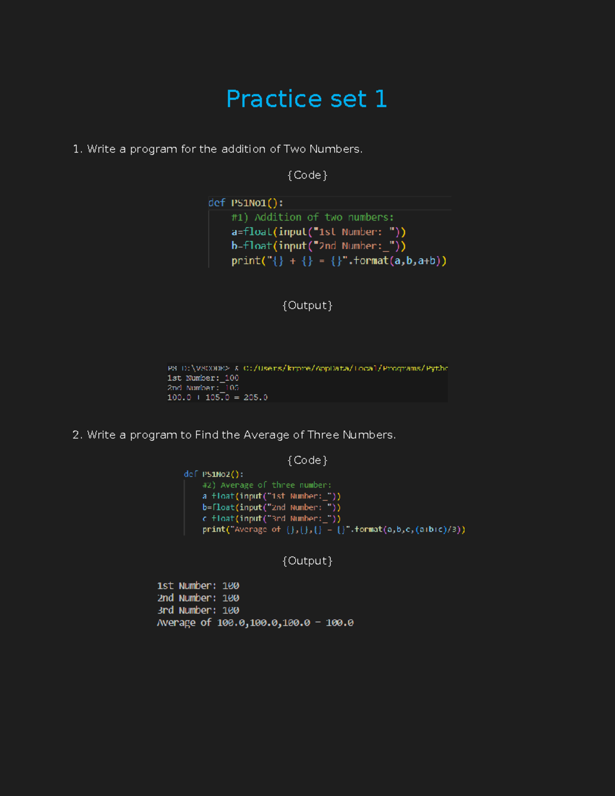 Practice set 1 - {Code} {Output} Write a program to Find the Average of ...