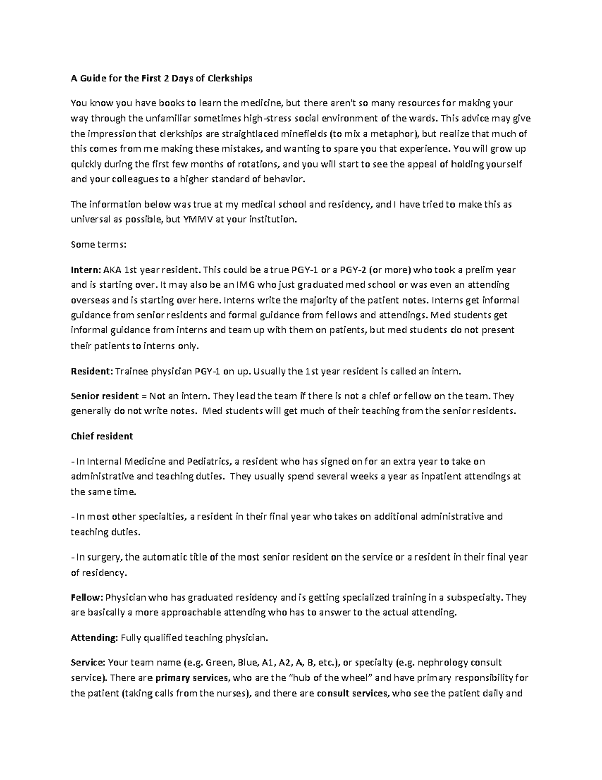 Clerkships guide for wards A Guide for the First 2 Days of Clerkships