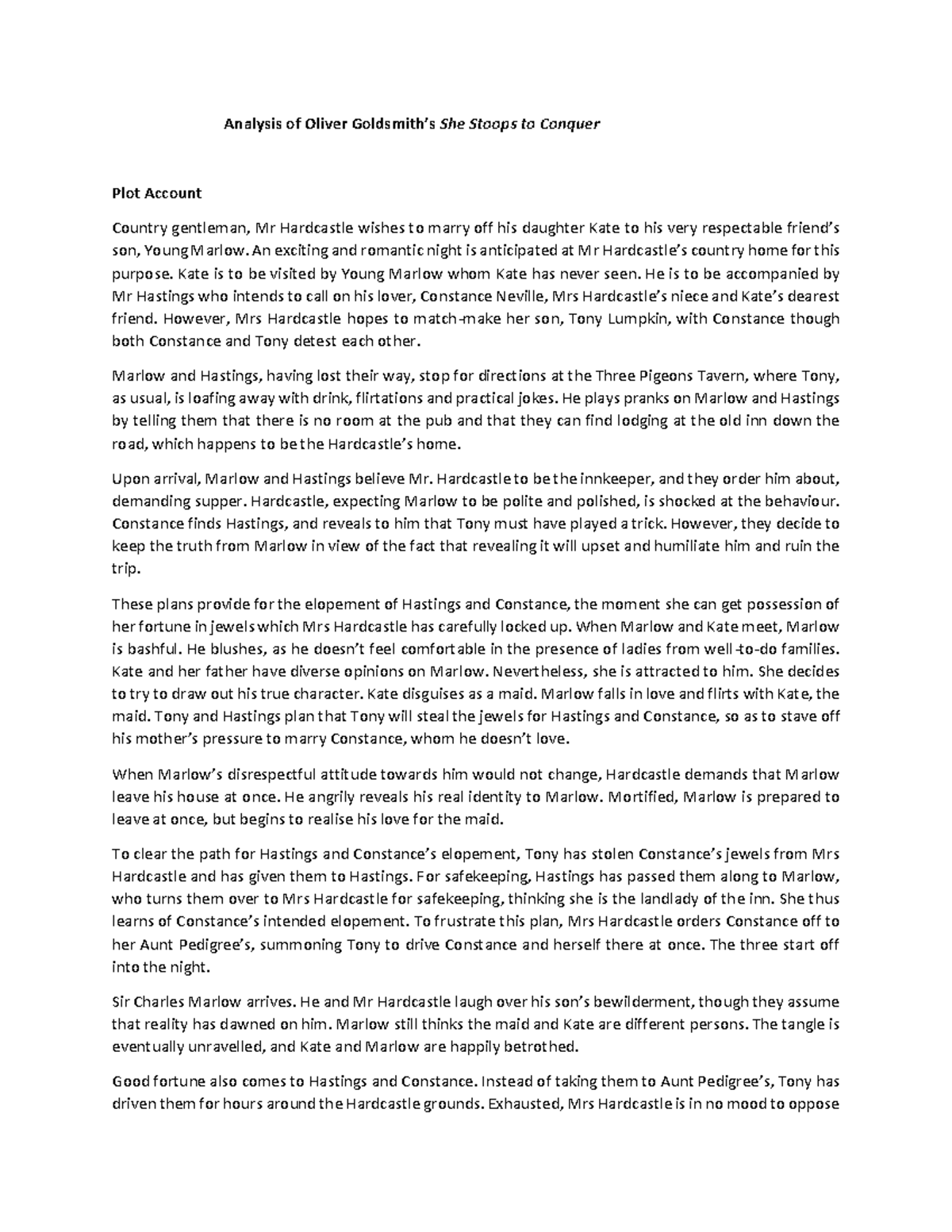 She Stoops to Conquer Plot Account - Analysis of Oliver Goldsmith’s She ...