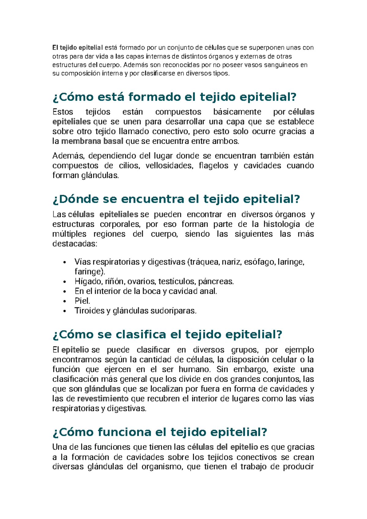 Tejido - El tejido epitelial está formado por un conjunto de células ...