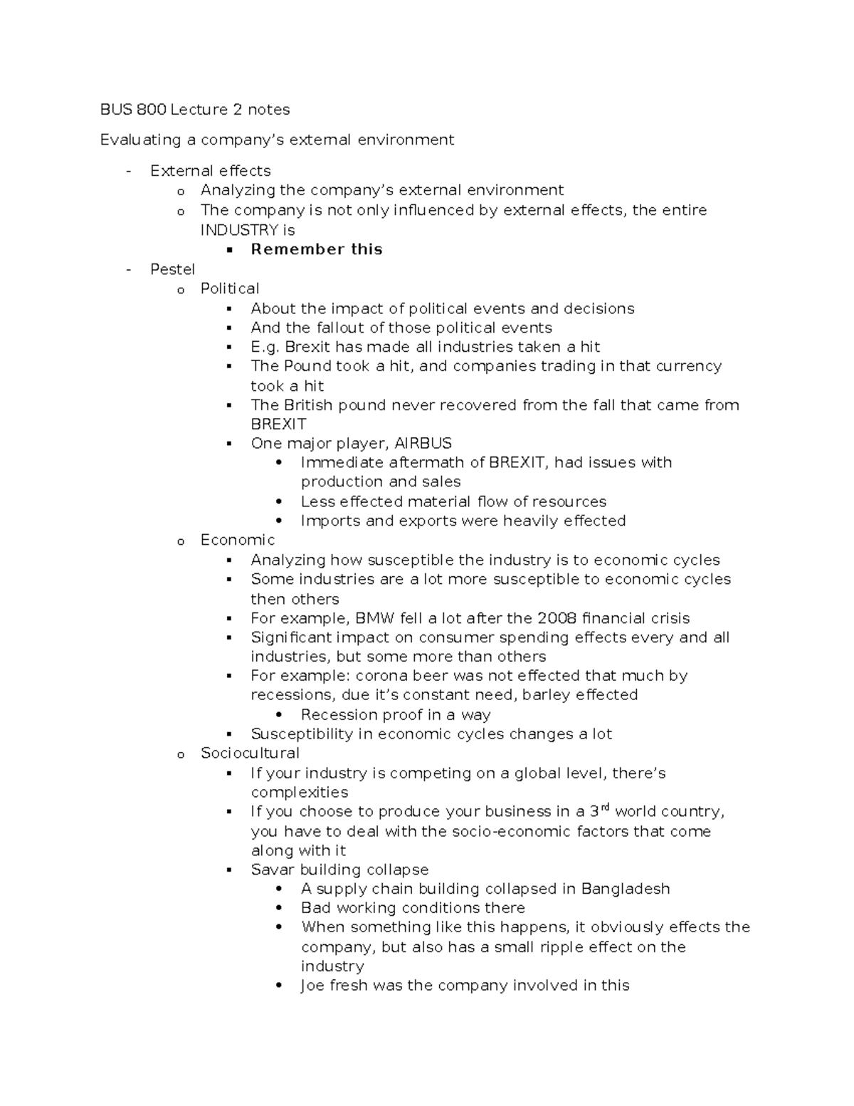 BUS 800 Class 2 notes - BUS 800 Lecture 2 notes Evaluating a company’s ...