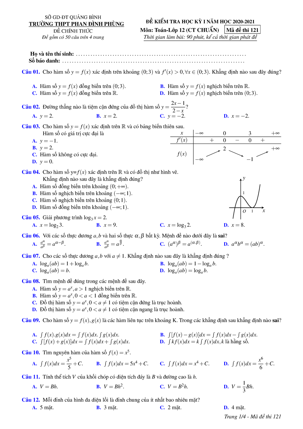De Thi Hk1 Toan 12 Nam 2020 2021 Truong Phan Dinh Phung Quang Binh - SỞ ...