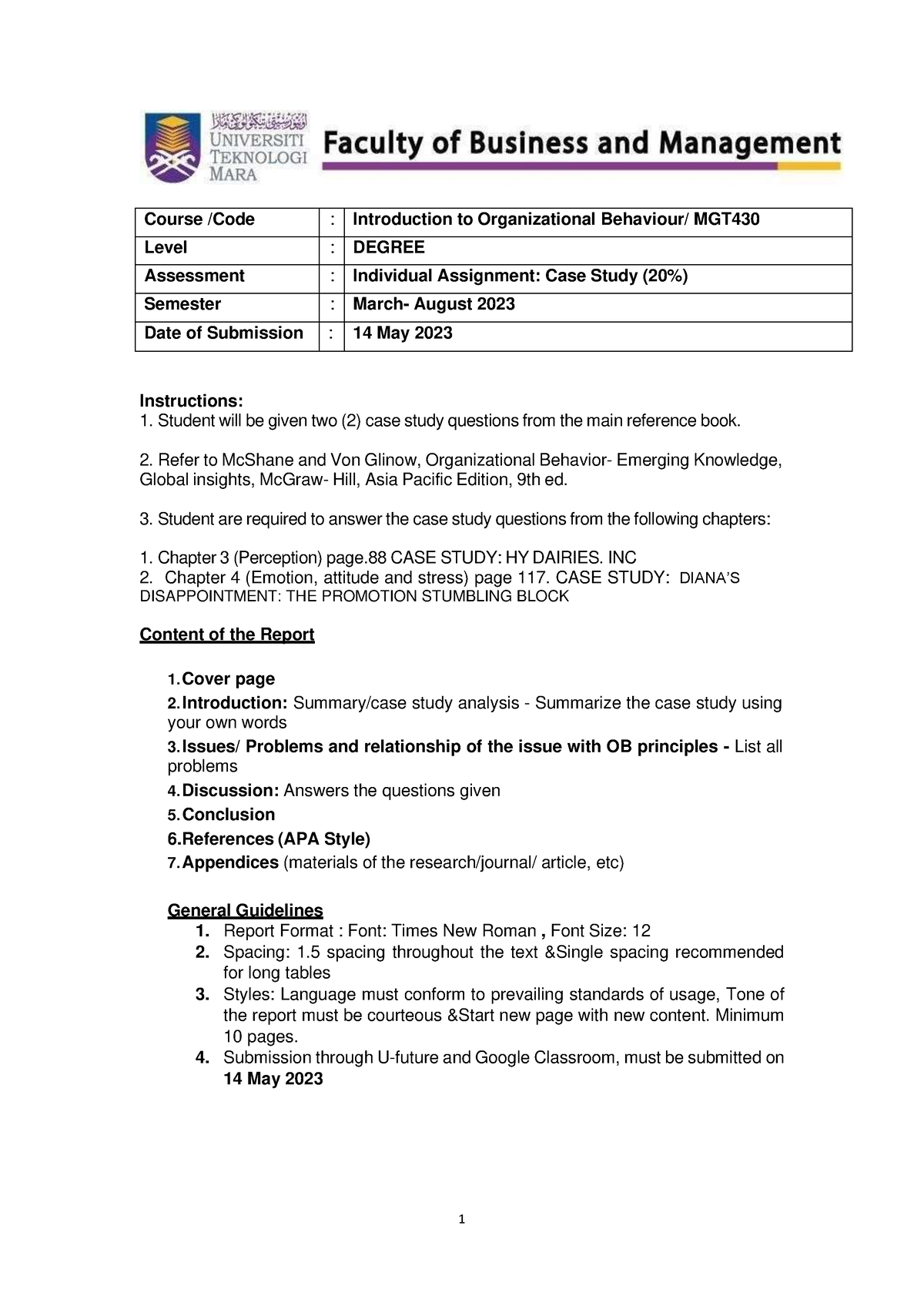 Individual CASE Study Report MGT430 - Course /Code : Introduction To ...