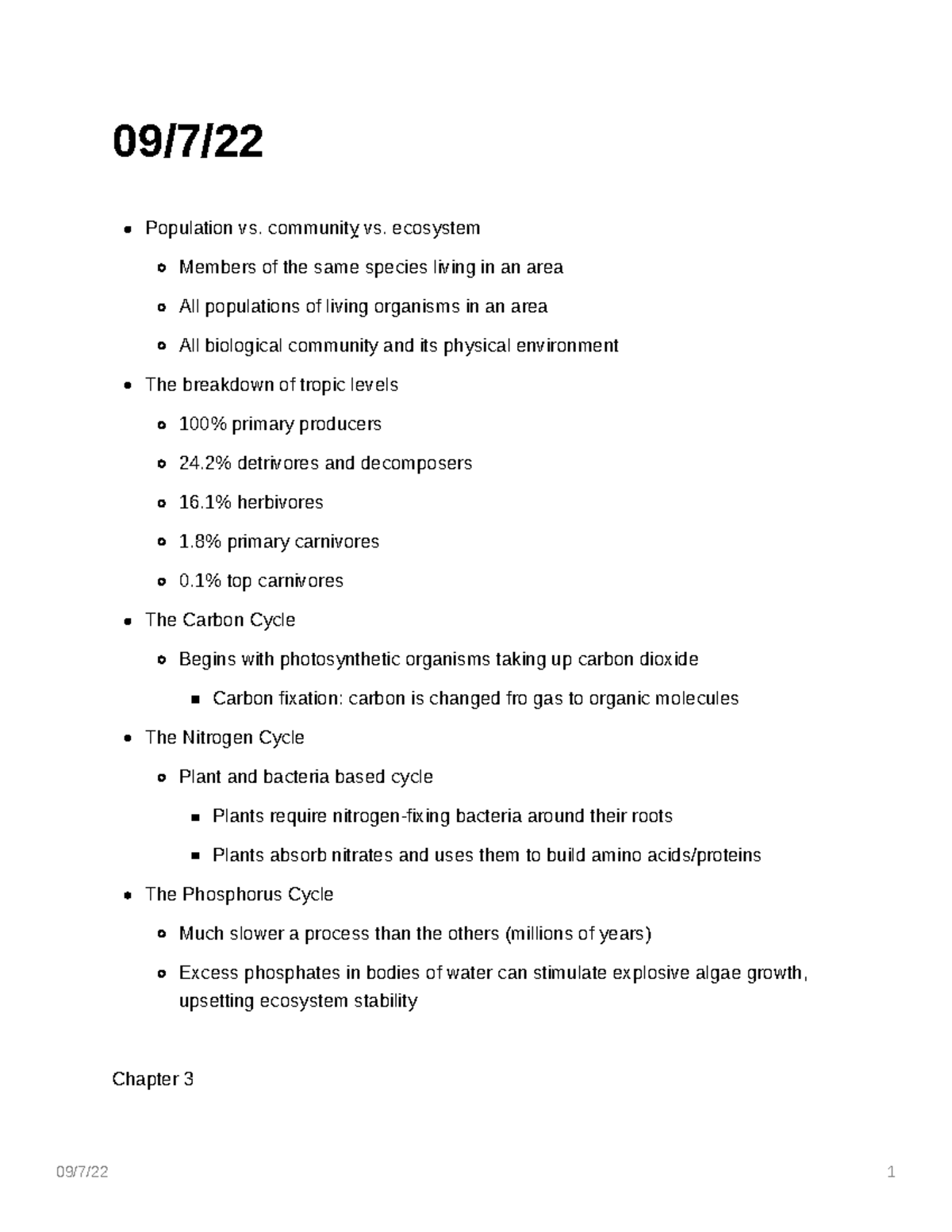 Lecture Notes from Sept - 09/7/22 1 09/7/ Population vs. community vs ...