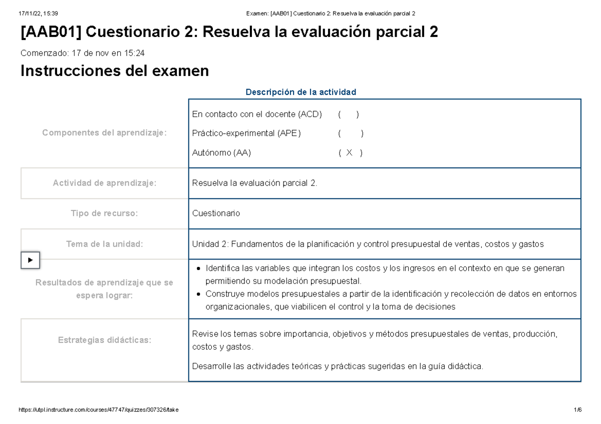 Examen [AAB01] Cuestionario 2 Resuelva La Evaluaci N Parcial 233 ...