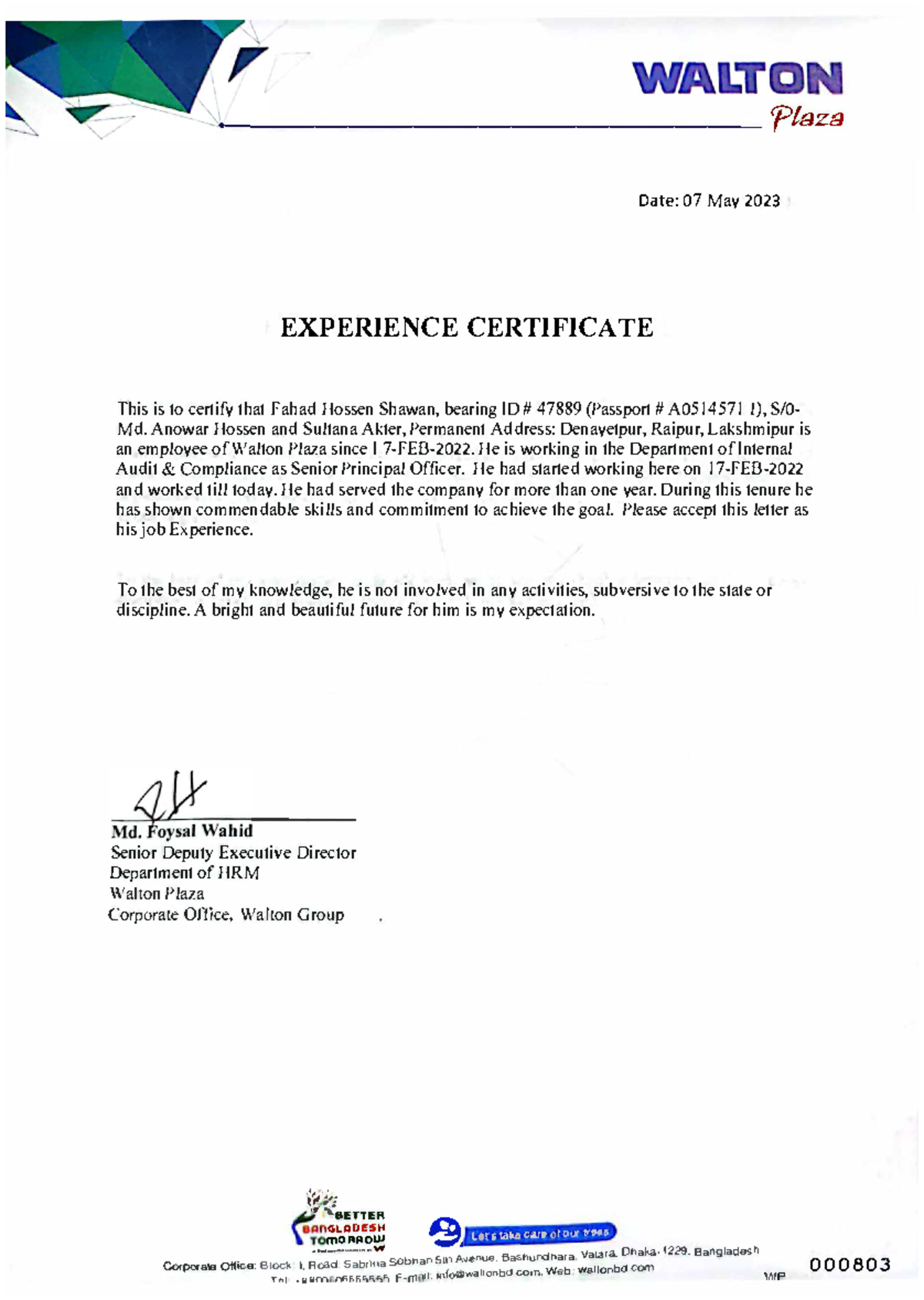 nursing home work experience certificate