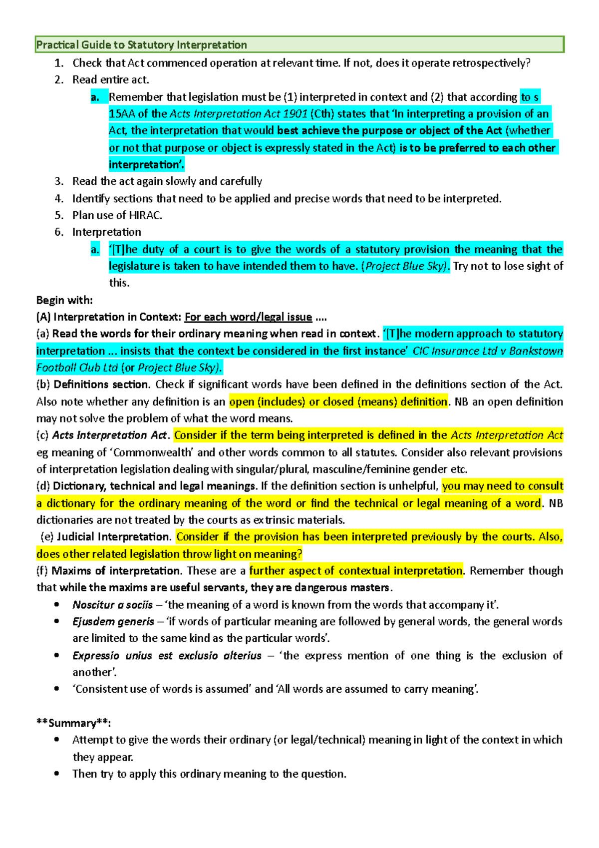 FAL Statute Notes - Practical Guide to Statutory Interpretation 1 ...