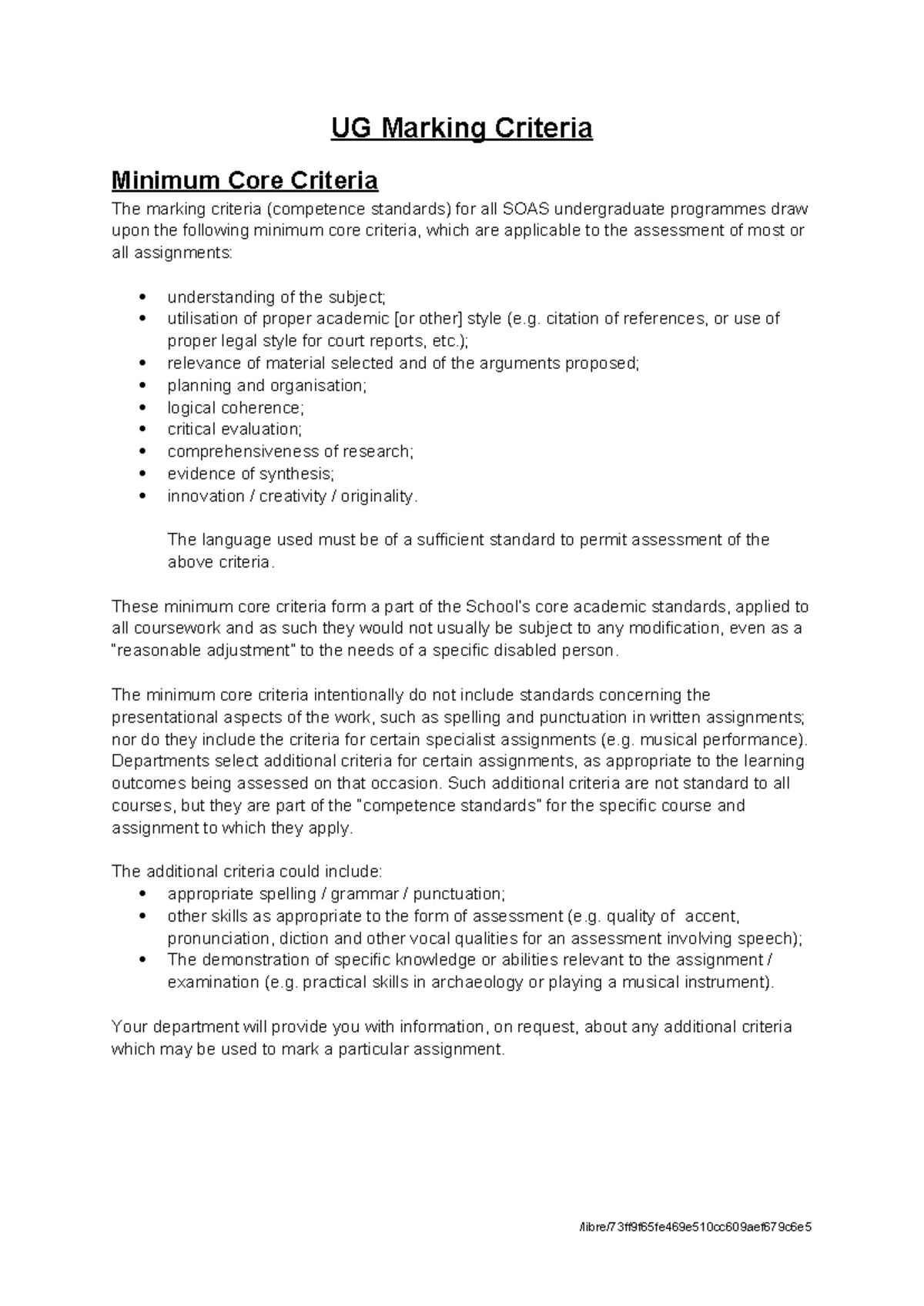 Marking Guidelines - Important - UG Marking Criteria Minimum Core ...