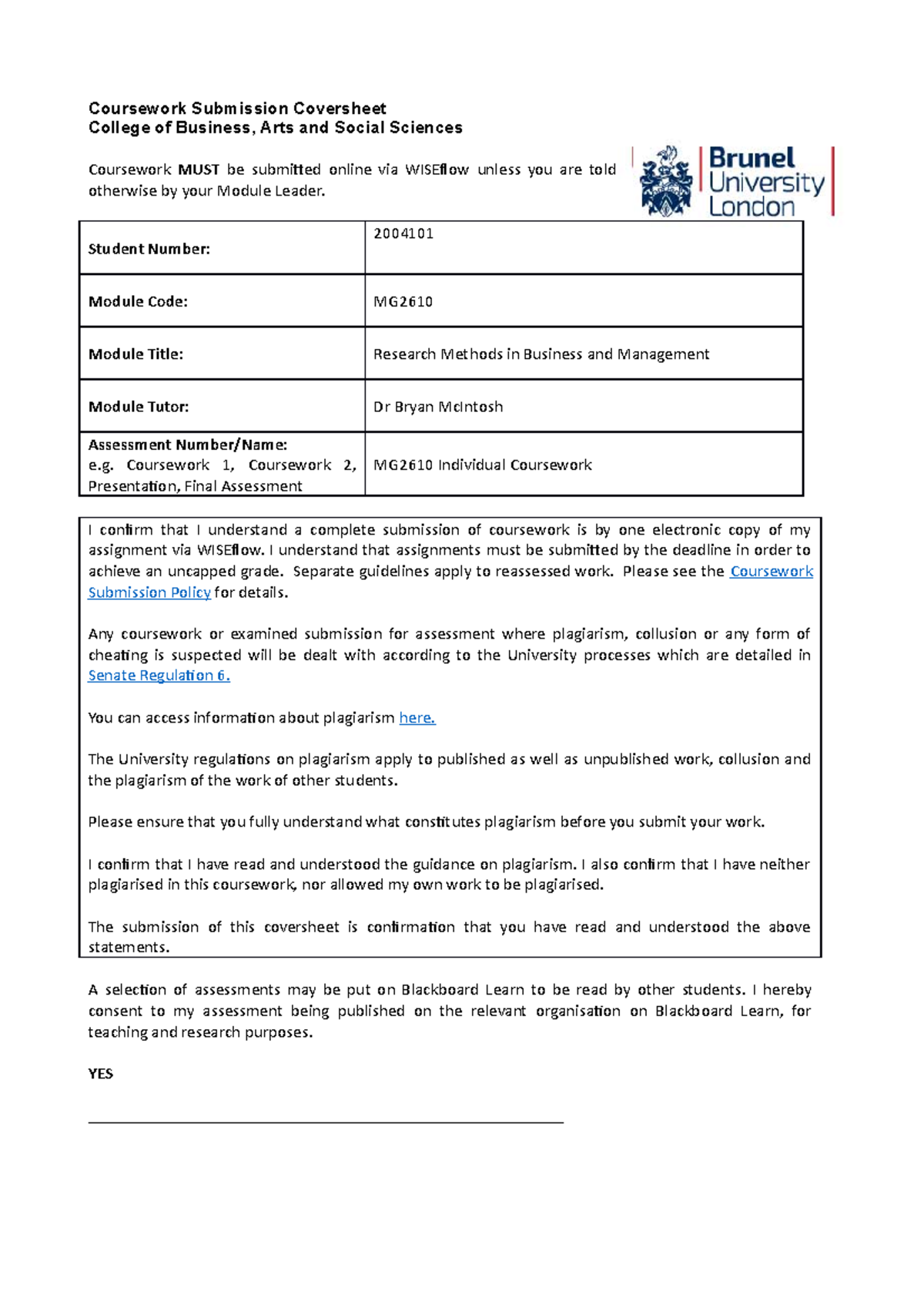 Mg2610 indivudal coruseowk - Coursework Submission Coversheet College ...