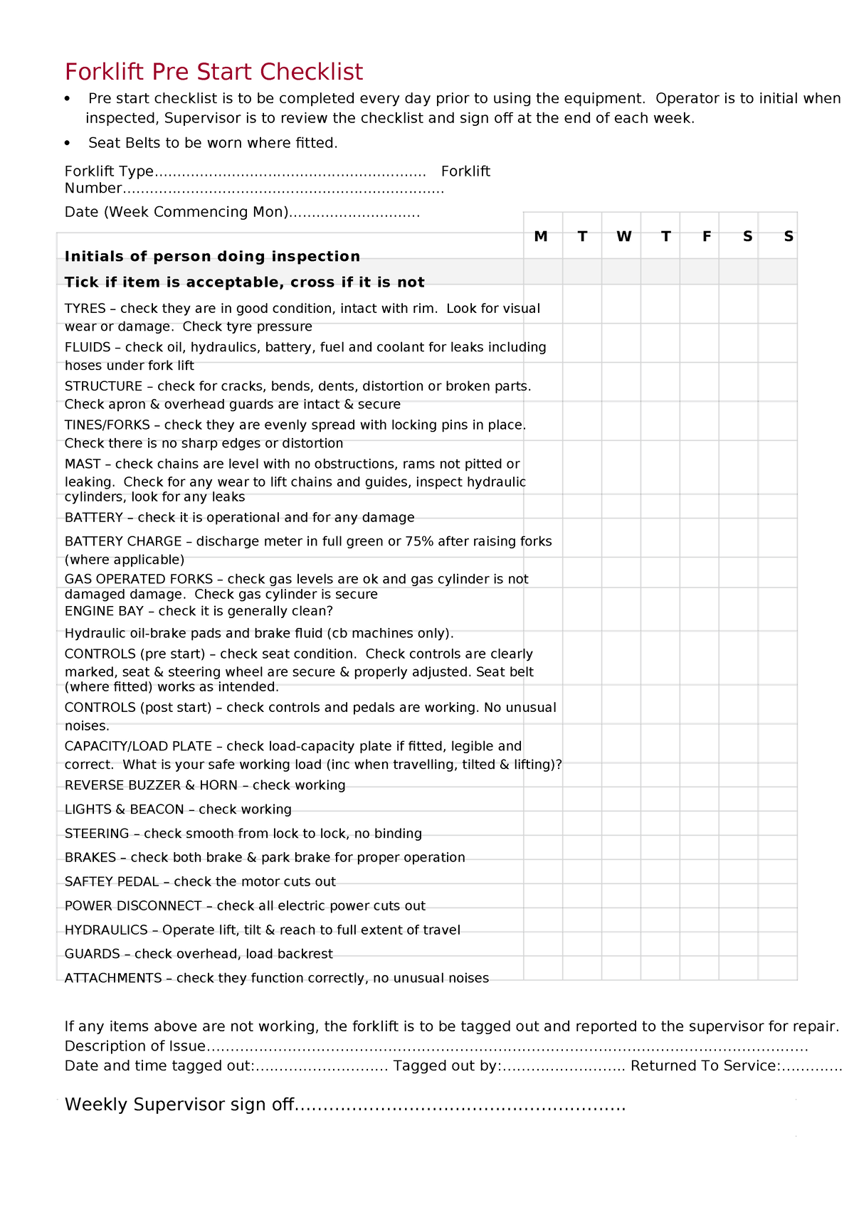 Forklift prestart checklist - Forklift Pre Start Checklist Pre start ...