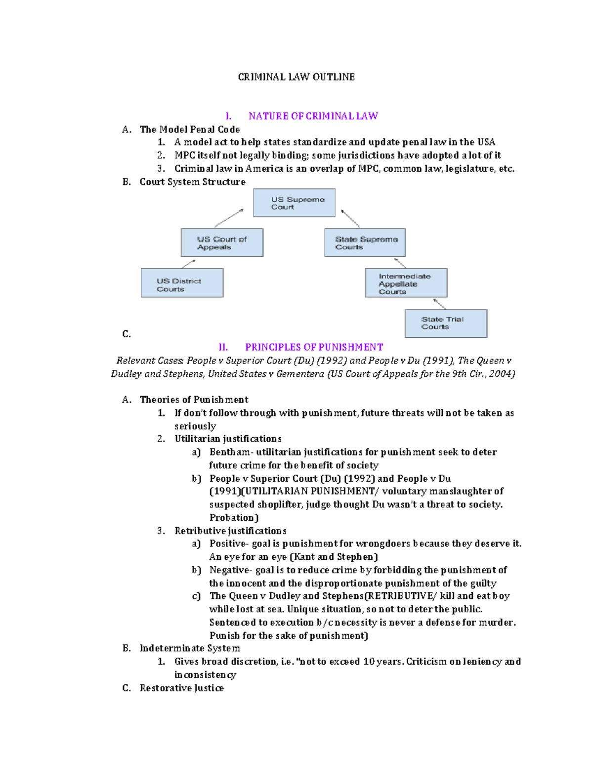 Criminal LAW Outline - CRIMINAL LAW OUTLINE I. NATURE OF CRIMINAL LAW A ...