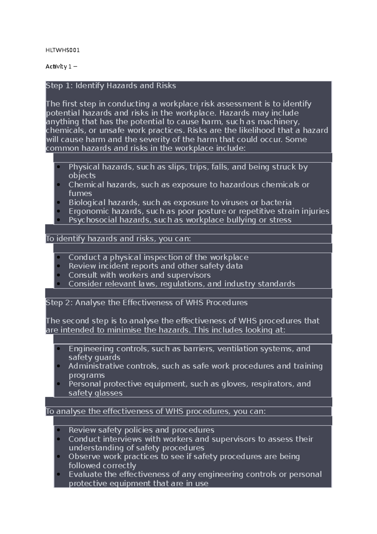 Hltwhs 001 - HLTWHS Activity 1 – Step 1: Identify Hazards and Risks The ...
