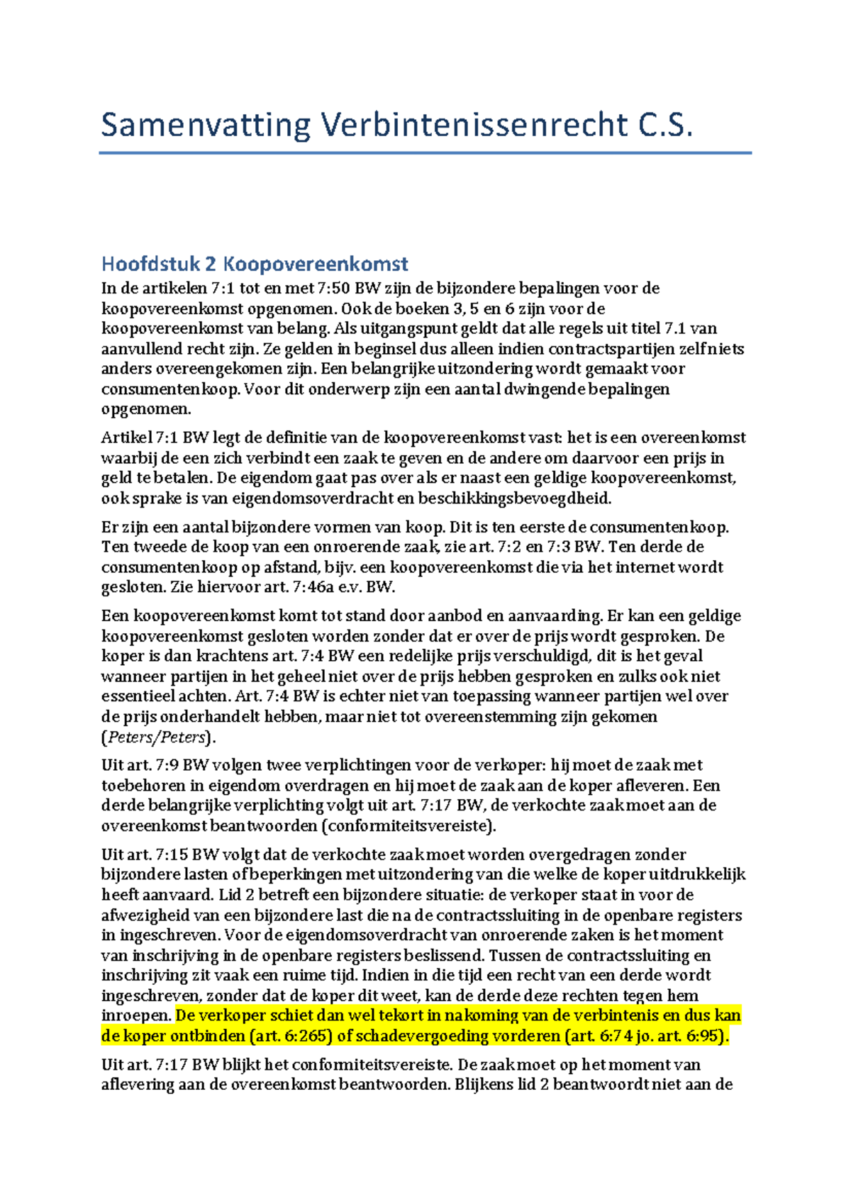 Samenvatting Bijzondere Overeenkomsten H2,8-11,15,18-19 En Klapper ...