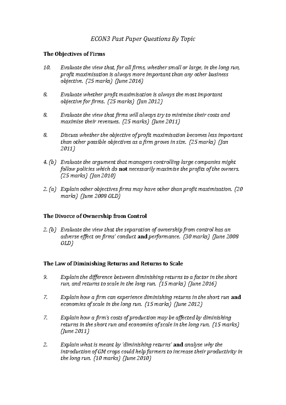 Econ3 Past Paper Questions By Topic - (25 Marks) (june 2016) Evaluate 