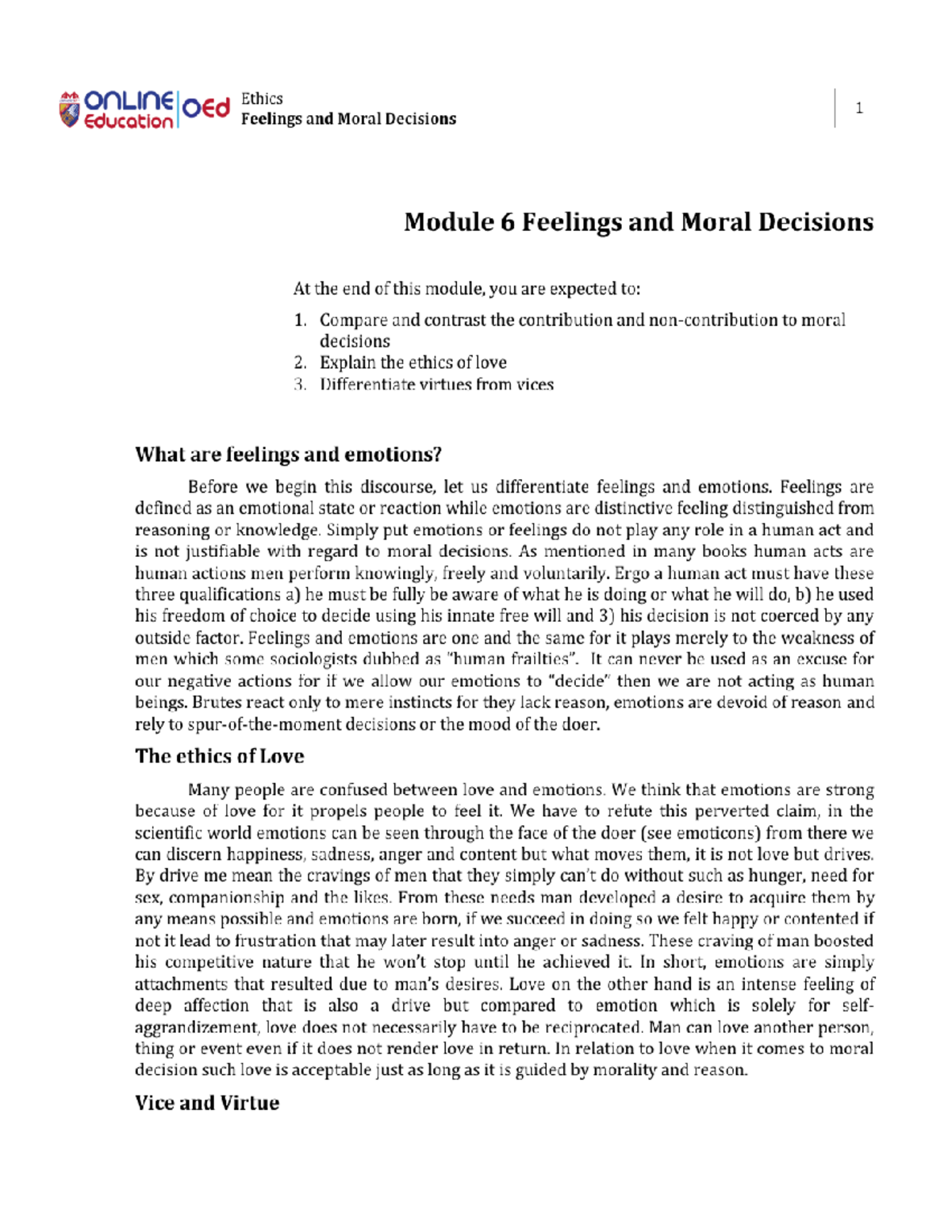 Module 6 Feelings and Moral Decisions - Ethics - Studocu