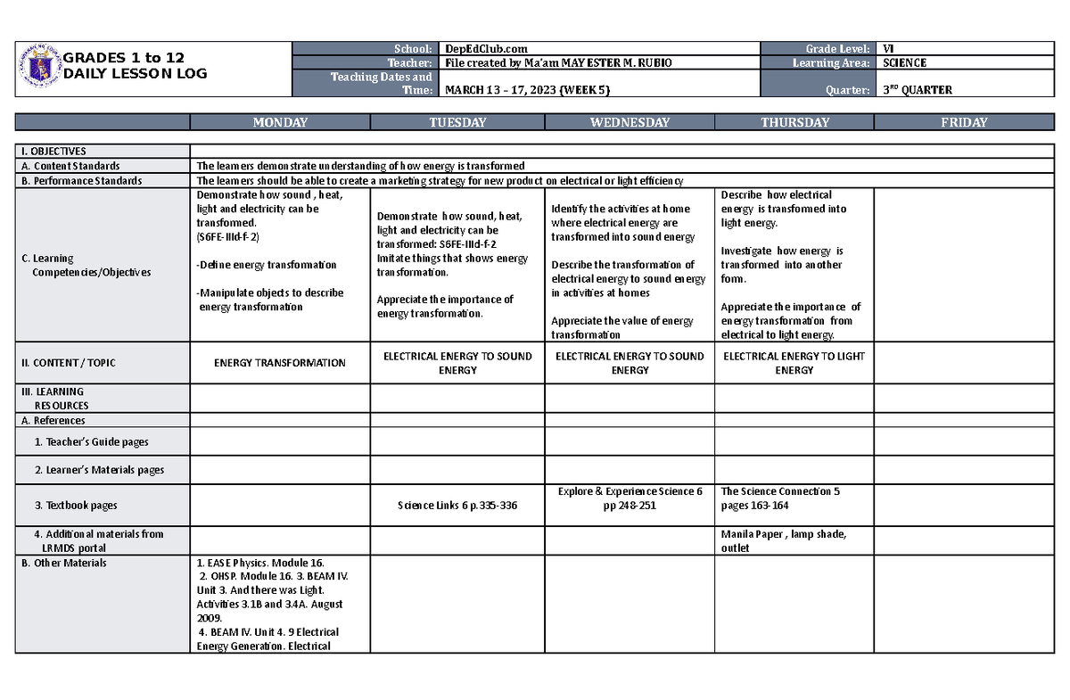 DLL Science-6 Q3 W5 - These daily lesson logs help teachers to have an ...