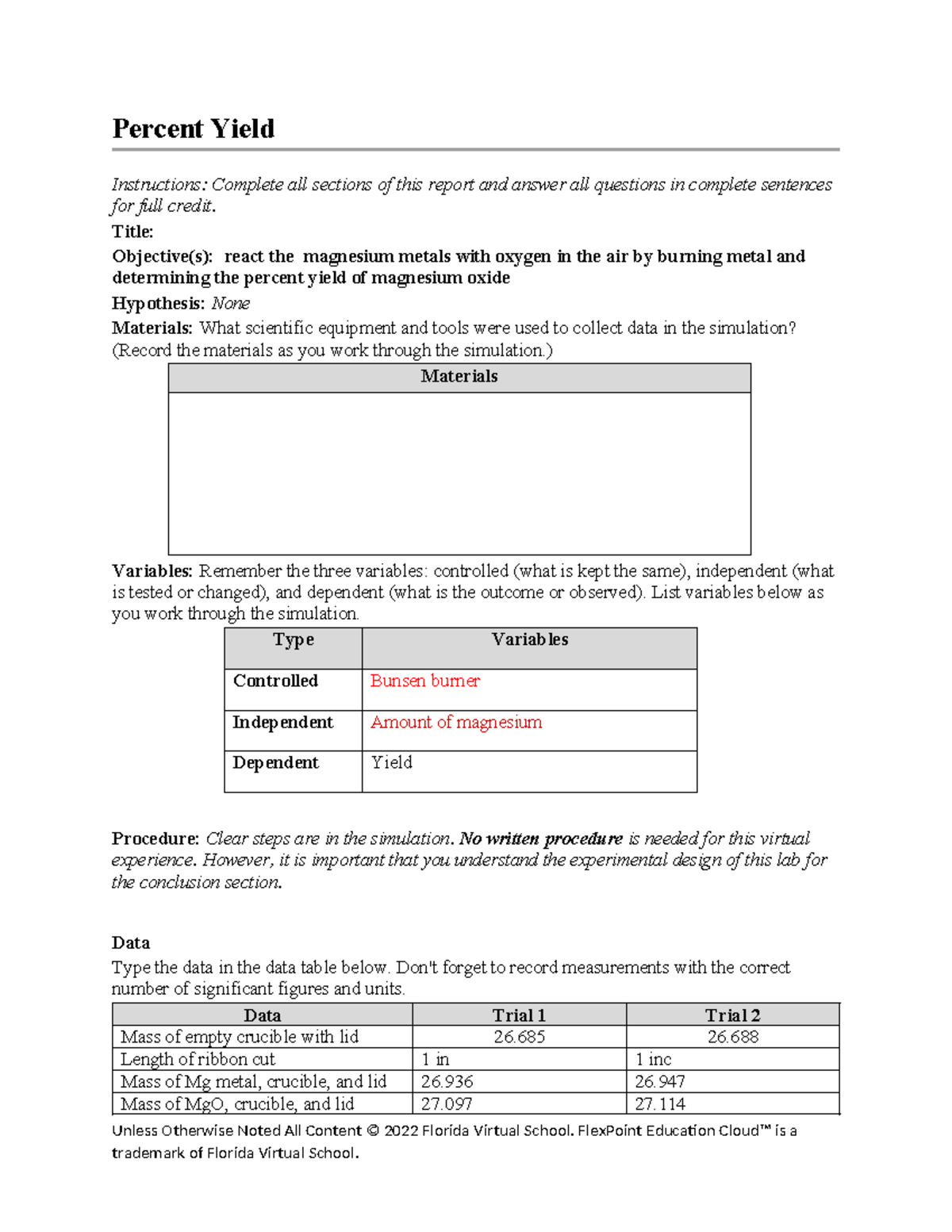 05.07 Percent Yield - Percent Yield Instructions: Complete all sections ...