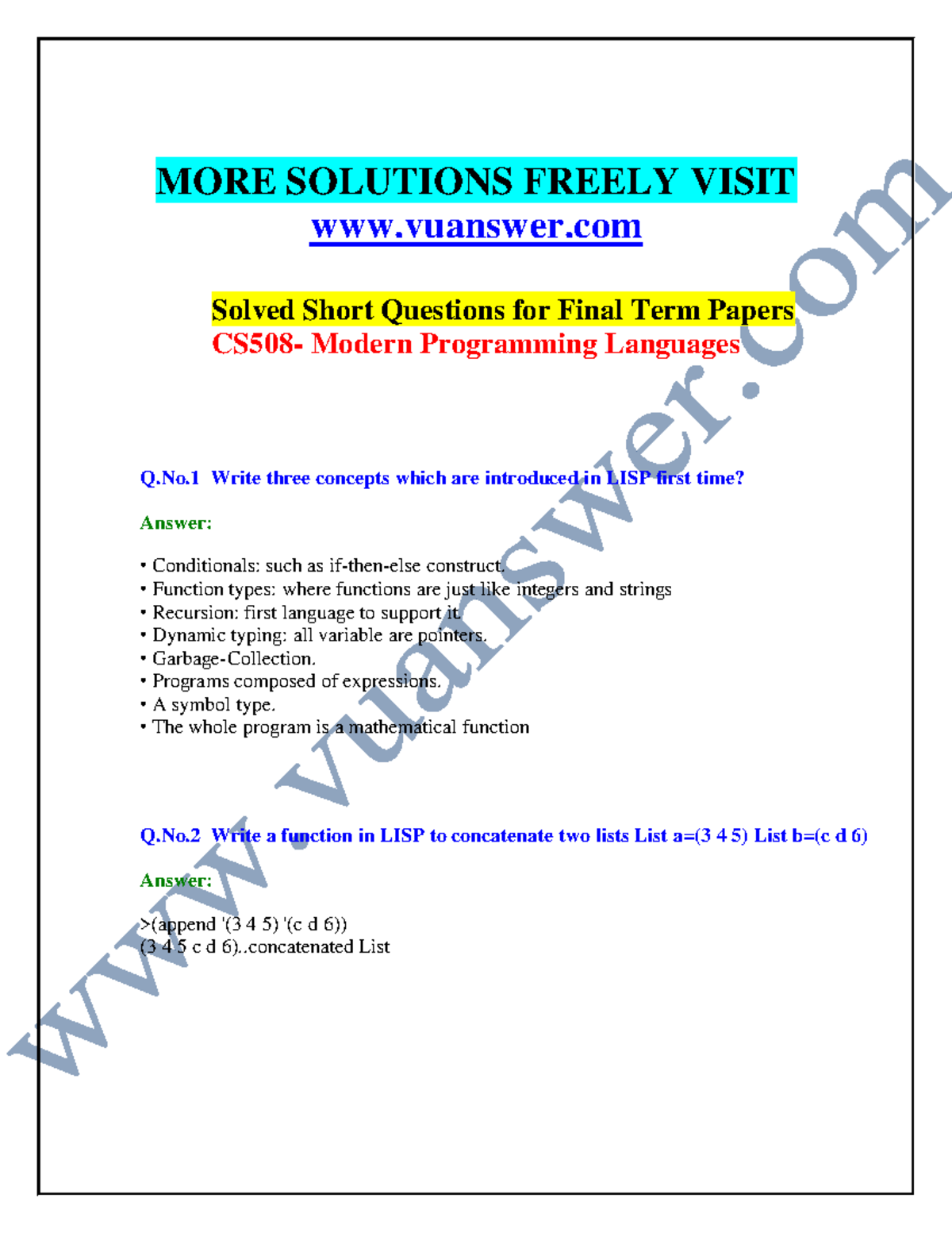 Cs508 Short Notes Vuanswer More Solutions Freely Visit Vuanswer Solved Short Questions For 3665