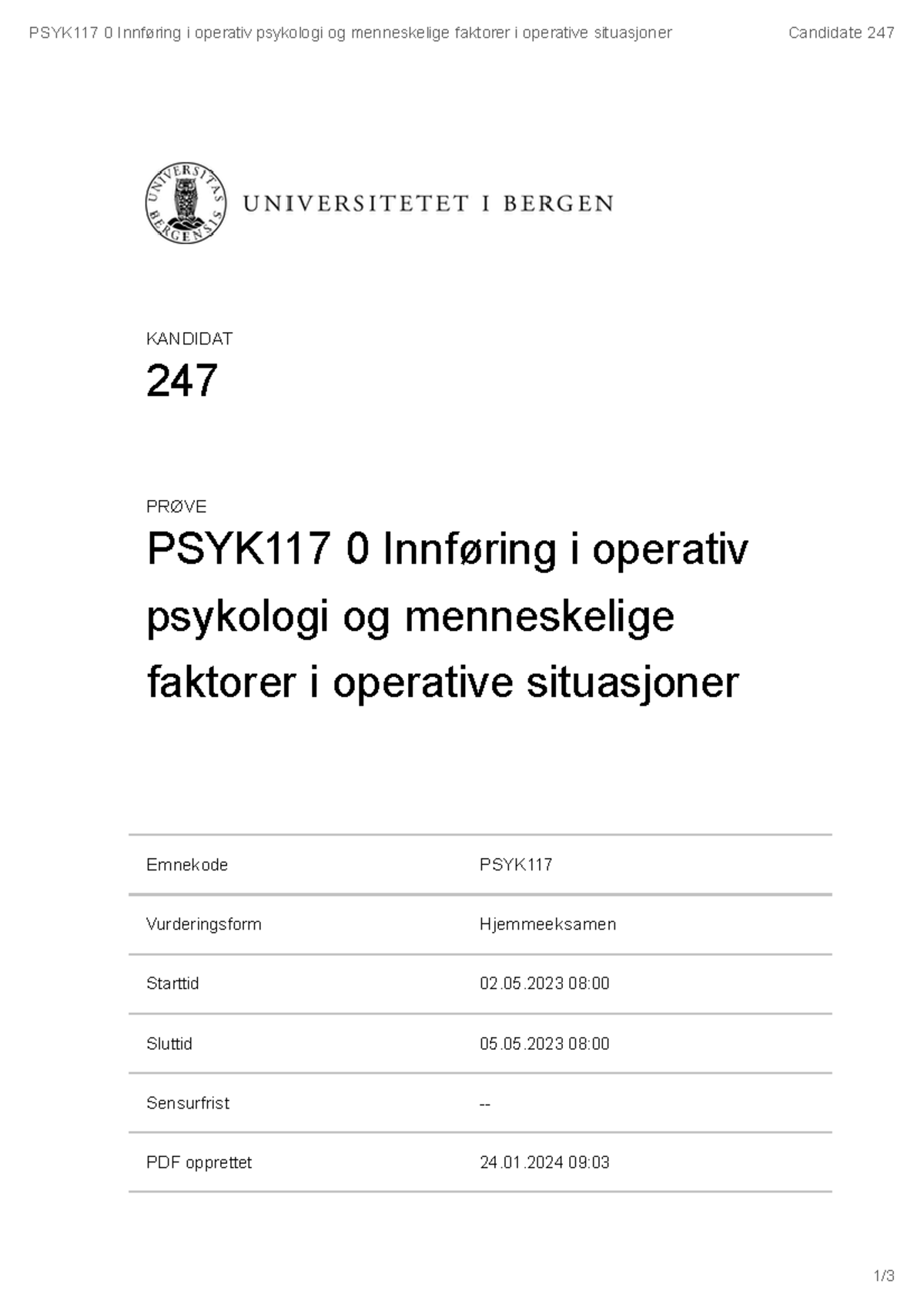 Eksamensbesvarelse psyk117- operativ psykologi pdf - PSYK117 0 ...