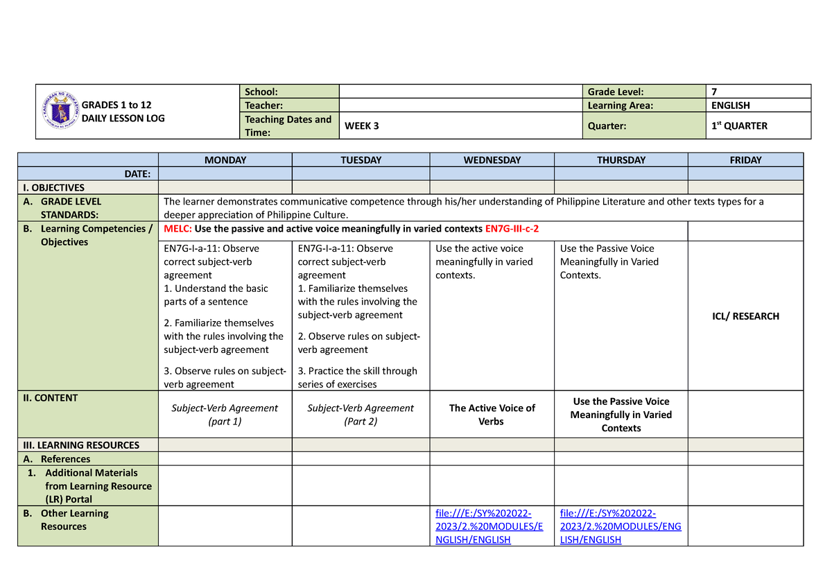 English 7 Q1 w3 - DAILY LEARNING LOG - GRADES 1 to 12 DAILY LESSON LOG ...